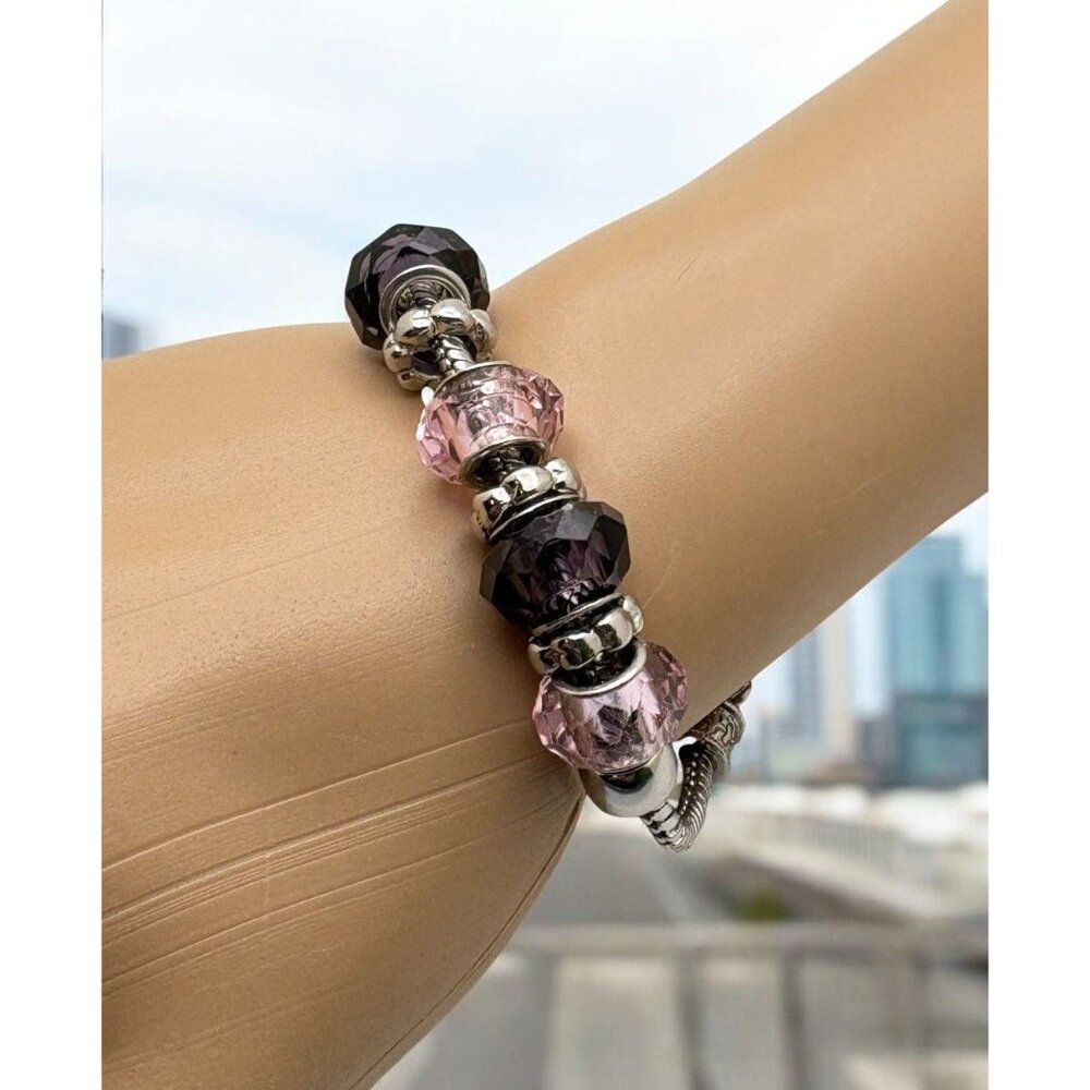 Pink and Purple Beaded Bracelet Silver Tone Faceted Beads Chunky 7 Inch